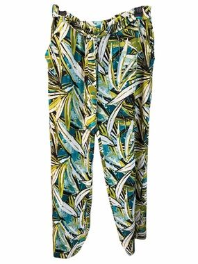 Meg & Margot Tropical Leaf Print Wide-Leg Pull-On Pants in Teal, Green & White